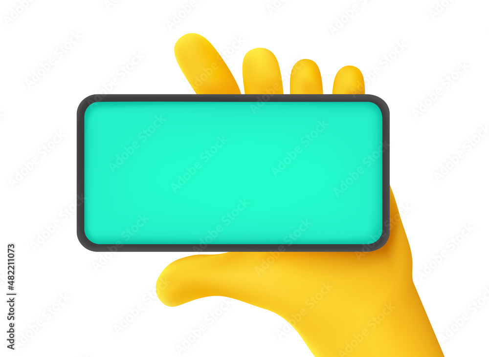 Poster Man holding modern smartphone with landscape orientation in a hand. 3d vector illustration