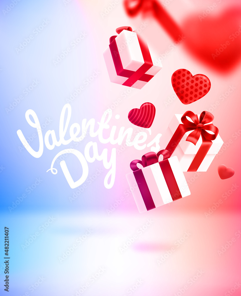 Poster valentines day card with falling gift boxes and hearts. 3d vector banner with calligraphic inscripti