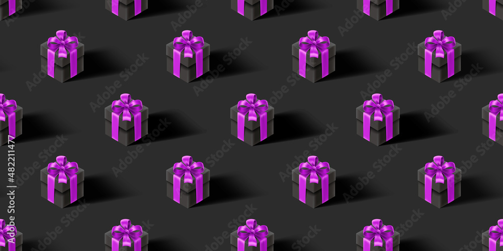 Poster dark seamless background with black gift boxes . 3d vector seamless pattern