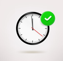 Classic clock icon with checkmark. 3d vector icon