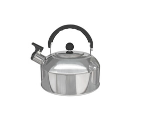 Whistling stainless steel tea kettle isolated on white. Kitchen utensil