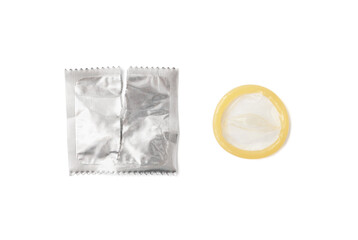Latex condom and opened wrapper isolated on white background