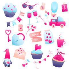 Big set of heart and romantic elements for wedding, holiday, valentines day, love. Vector illustration