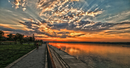Sunset with cloud mist over the river Danube in Bulgaria