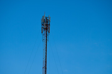 Telecommunication tower of 4G and 5G cellular. Antenna transmission communication. Cell phone signal base station.