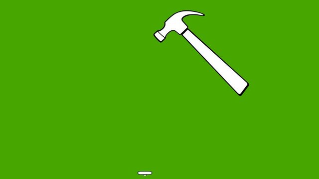 Animation of a hammer hitting a nail, drawn in black and white. On a green chroma key background