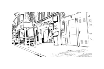 Building view with landmark of Manacor is the 
town in Spain. Hand drawn sketch illustration in vector.