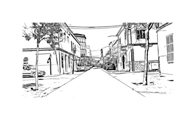 Fototapeta premium Building view with landmark of Manacor is the town in Spain. Hand drawn sketch illustration in vector.