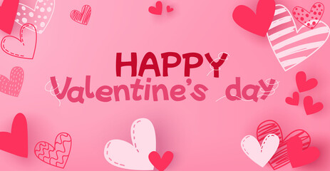Valentine's day background banner with doodle hearts decoration with cut paper effect