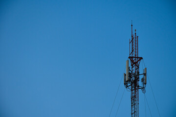 Telecommunication tower of 4G and 5G cellular. Antenna transmission communication. Cell phone signal base station.