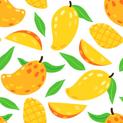 Seamless vector pattern with cute mango fruit and mango slices