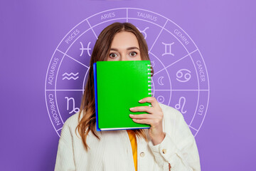 Shocked young woman holding white poster in her hands with zodiac astrological circle isolated on...