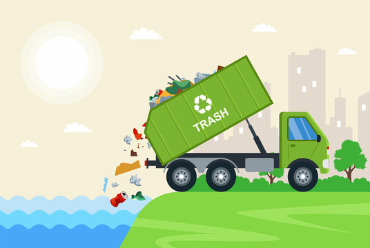 Truck Throws Garbage Into The River. Water Pollution By Urban Waste. Flat Vector Illustration.