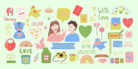 Fototapeta na wymiar Set of elements for Valentine's Day. Loving couple, heart, cute house, lips, quotes, castle, mail. Stickers in cartoon style. Flat Vector Illustration.