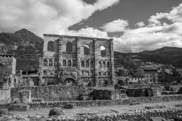 Spectacular Roman theatre in Aosta Town, Aosta Valley, Italy.