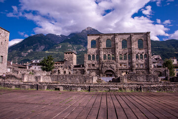 Fototapeta premium Spectacular Roman theatre in Aosta Town, Aosta Valley, Italy.