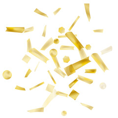 Gold confetti. Vivid blur effect. Festive foil. Great design for any purpose. Holiday, birthday. Gold glitter. Light glare..
