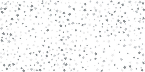 Silver star confetti. Falling stars on a white background. Illustration of flying shining stars. Decorative element. Suitable for your design, postcards, invitations, gift, vip.