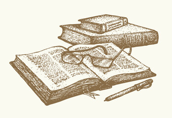 Vector still life. Old books, paper, pen
