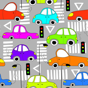 Colorful cute toy cars seamless pattern. Wallpaper for boys room, kids clothes, textile, fabric, print, paper, cover design vector illustration.	