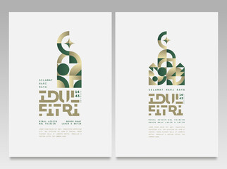 Selamat Idul Fitri.Translation: Happy Eid Mubarak. Eid al-Fitr Greeting with typography and illustration. vector illustration.