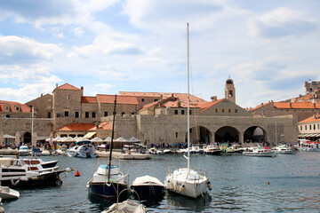 View of Trogir on a Sunny Day,the pier of old Venetian town, Dalmatian Coast in Croatia