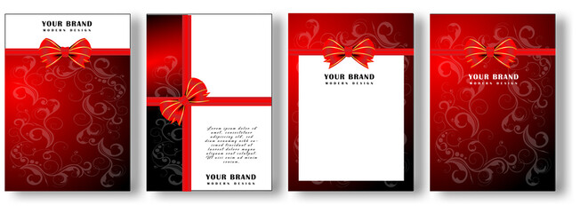 Paper cover, frame design set. Luxury floral pattern background with red ribbon. Elegant maroon vector collection template for invitation (invite vip card), greeting, gift card