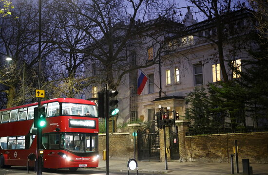 A bus passes in front of the Russian embassy in London