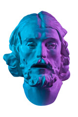 Colorful gypsum copy of ancient statue of John the Baptist head for artists isolated on a white background. Plaster sculpture man face. John baptized Jesus. Art poster in purple and blue bright colors