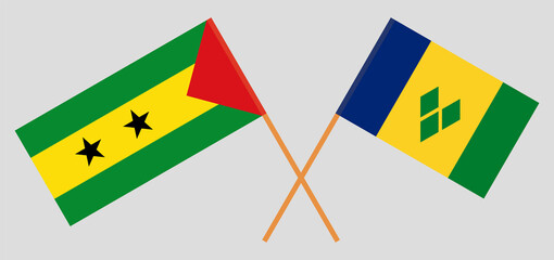 Crossed flags of Sao Tome and Principe and Saint Vincent and the Grenadines. Official colors. Correct proportion