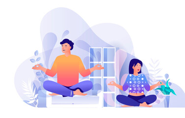 Couple doing yoga at home scene. Man and woman sitting in lotus position. Healthy lifestyle, meditation and contemplation, wellness concept. Illustration of people characters in flat design