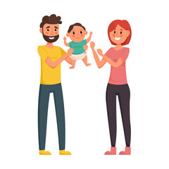 Fototapeta premium Mother and father holding their little son. Isolated on white background. Vector illustration. 