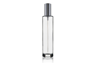 Blank bottle for cosmetic products. Clear plastic glass jar container isolated on white. Mock up