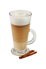 Cappuccino foamy coffee and milk drink in a transparent glass cup, isolate, white background