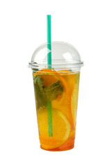 Plastic glass of refreshing drink, isolate, white background