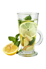 Hot tea with berries and fruits in a glass cup, isolate, white background