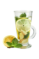 Hot tea with berries and fruits in a glass cup, isolate, white background
