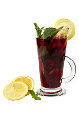 Hot tea with berries and fruits in a glass cup, isolate, white background