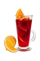 Hot tea with berries and fruits in a glass cup, isolate, white background