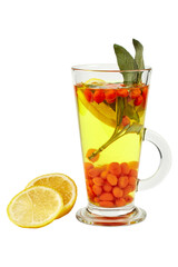 Hot tea with berries and fruits in a glass cup, isolate, white background