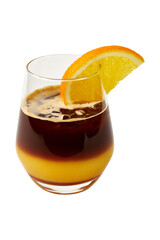 A glass of iced americano black coffee and layer of orange and lemon juice decorated, isolated, white background