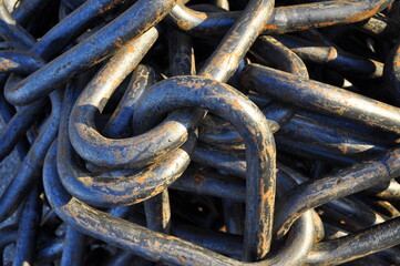 Rusty chain. Close-up photo. Marine equipment. Rusted metallic chains close up.