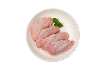 Fresh raw Chicken middle wing stick (wingette) on white plate isolated on white background with clipping path.Top view