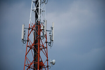 Telecommunication tower of 4G and 5G cellular. Antenna transmission communication. Cell phone signal base station.