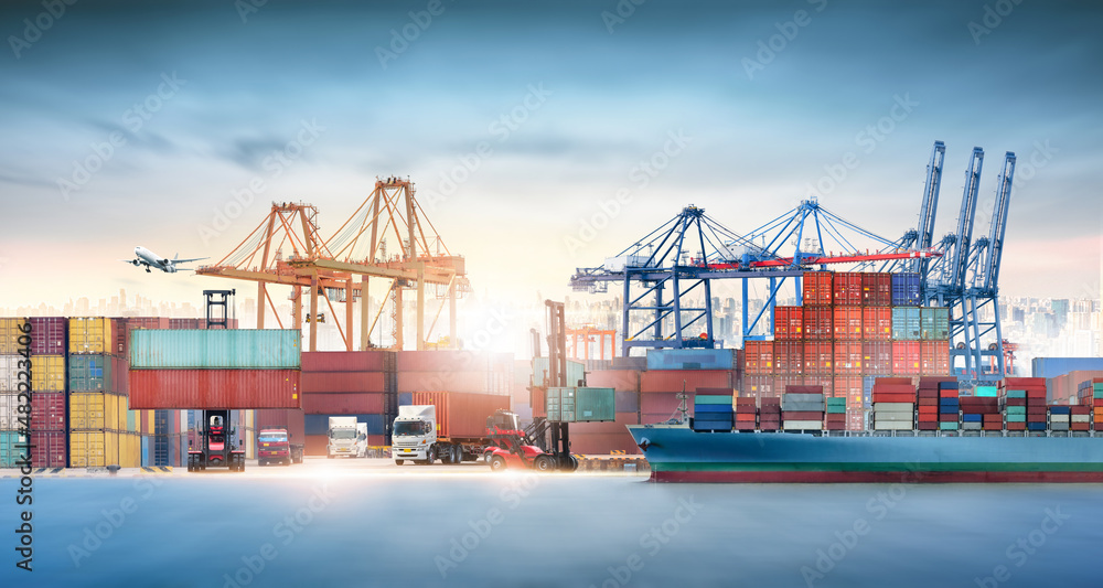 Wall mural global business logistics import export and container cargo freight ship during loading at industria