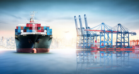 Global business logistics import export of containers cargo freight ship during loading at...