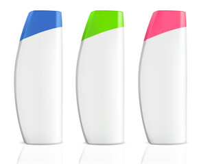 Vector drawing, white plastic shampoo bottles or shower gels