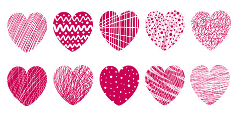Vector illustration. St. Valentine's Day. A set of hand-drawn strokes hearts on white background.
