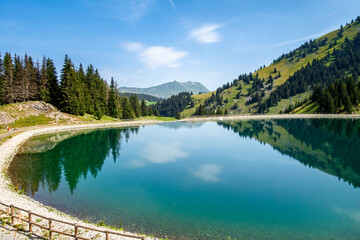 Fototapeta na wymiar Lake of Balme and Mountain landscape in La Clusaz, France