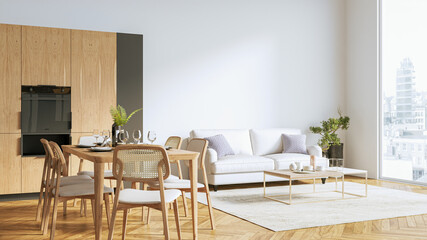 Modern stylish kitchen interior, room with wooden floor, table and sofa. 3D rendering
